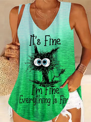 Cat Prin Gradient V Neck Tank Top for Women