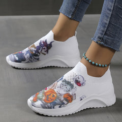 Women's Pumpkin Pattern Sneakers Low Round Toe Non slip Knit Breathable Shoes