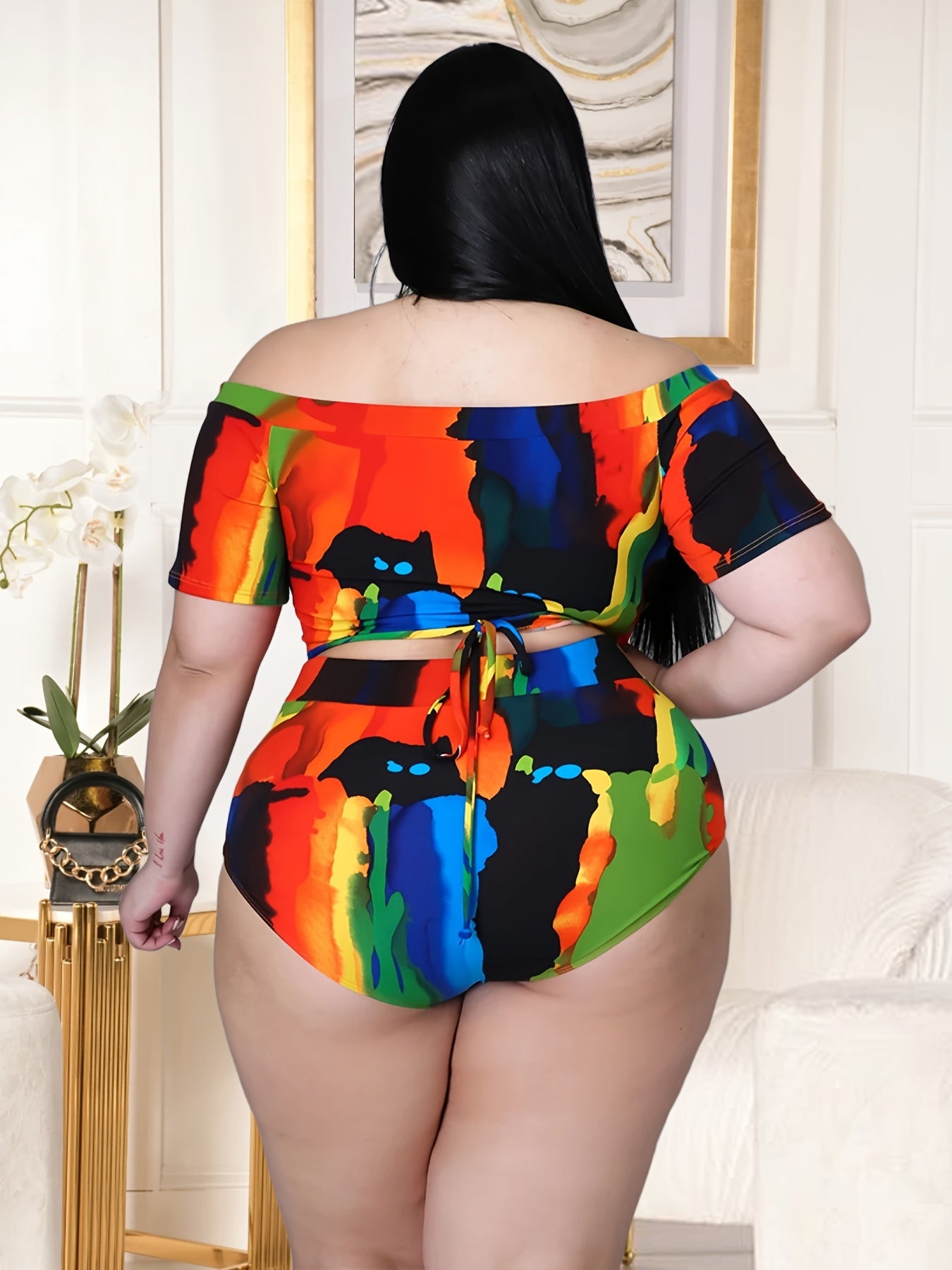 Tie Dye Off Shoulder Crop Top & Shorts Swimsuit Set