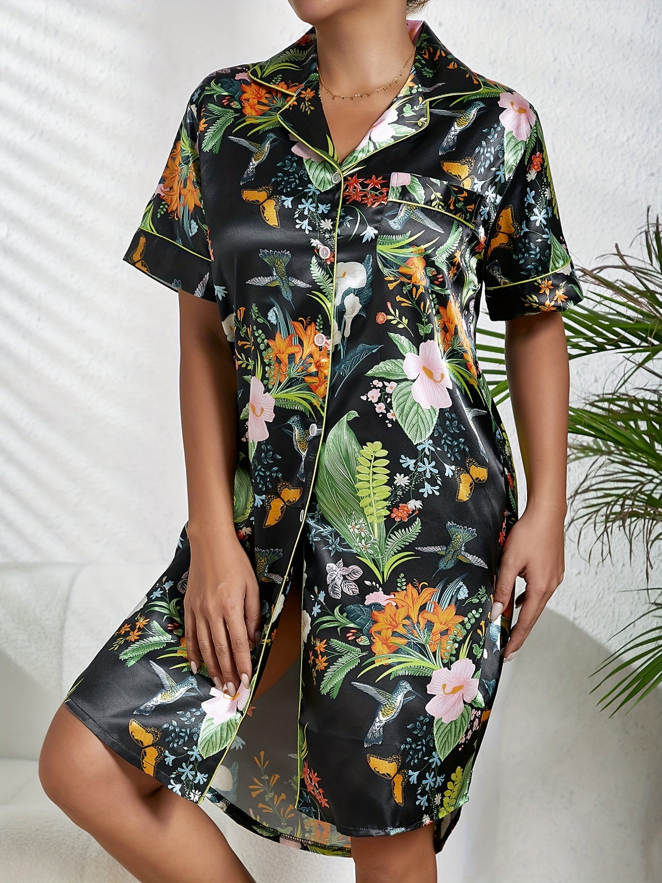 Floral Print NightDress Short Sleeve Buttons Pajama Dress Women's Sleepwear