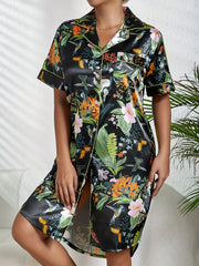 Floral Print NightDress Short Sleeve Buttons Pajama Dress Women's Sleepwear