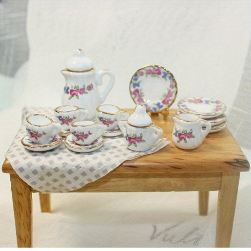 15pcs Dollhouse Food Playset with Ceramic Tea Set and Teacups