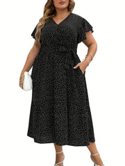 Dot Print Ruffle Sleeve V Neck Dress With Pockets