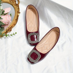 Women's Rhinestone Buckle Flats Square Toe Slip On Shoes