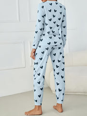 Heart Print Pajama Set Long Sleeve & Elastic Waistband Pants
