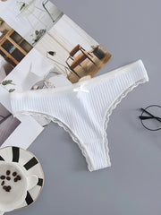 5pcs Lace Trim Ribbed Thongs Soft & Comfy Intimates Panties Women's Lingerie