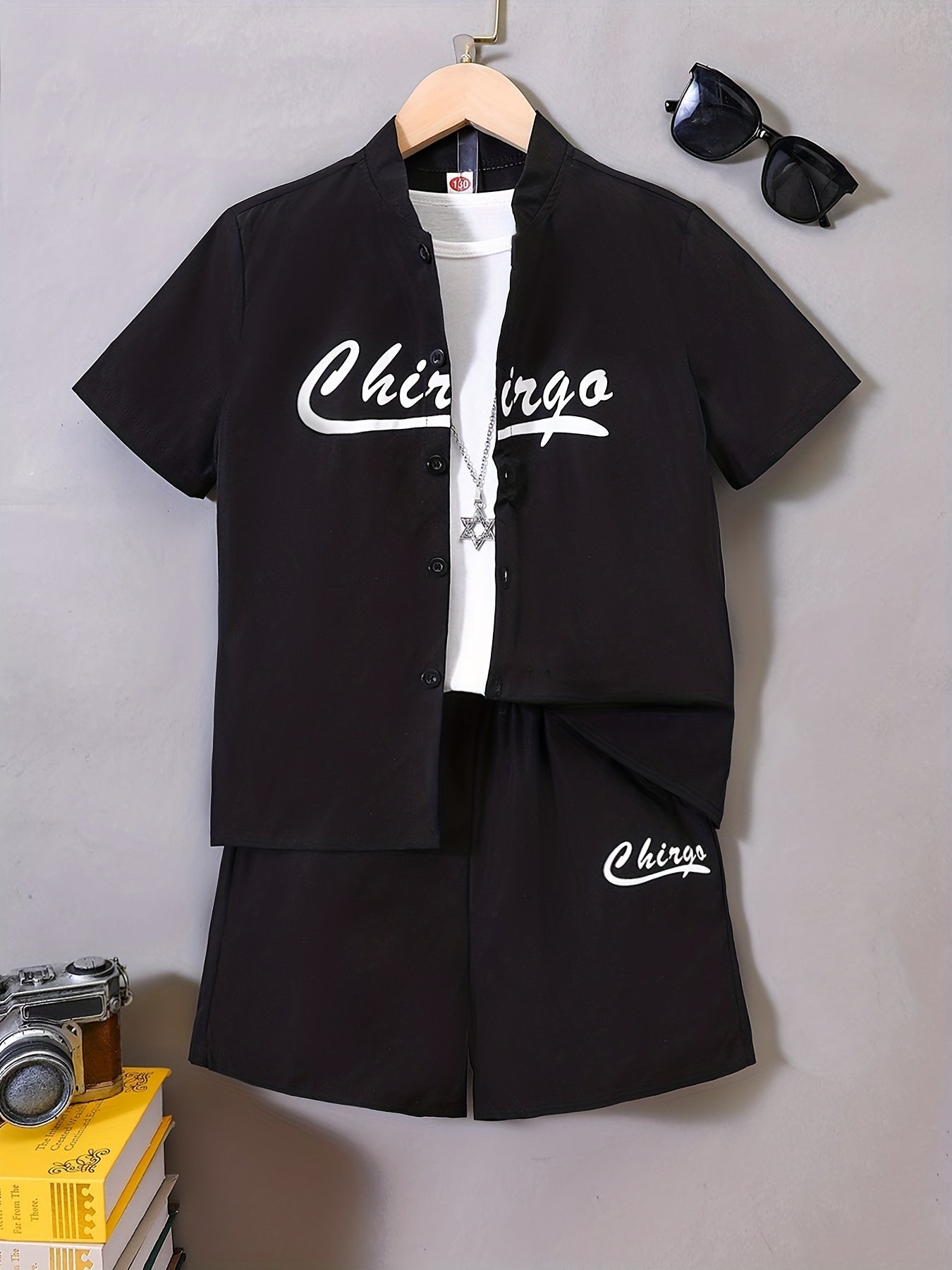 Boys 2pcs Letter Print Casual Outfit Shirt & Shorts Set