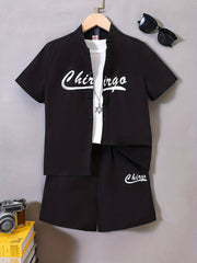 Boys 2pcs Letter Print Casual Outfit Shirt & Shorts Set