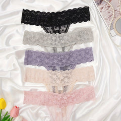 5pcs Floral Lace Thongs Sexy Semi Sheer Trim Panties Women's Lingerie