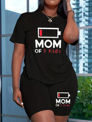 Mom Of 3 Kids Two Piece Set - Short Sleeve Crew Neck T Shirt & Shorts