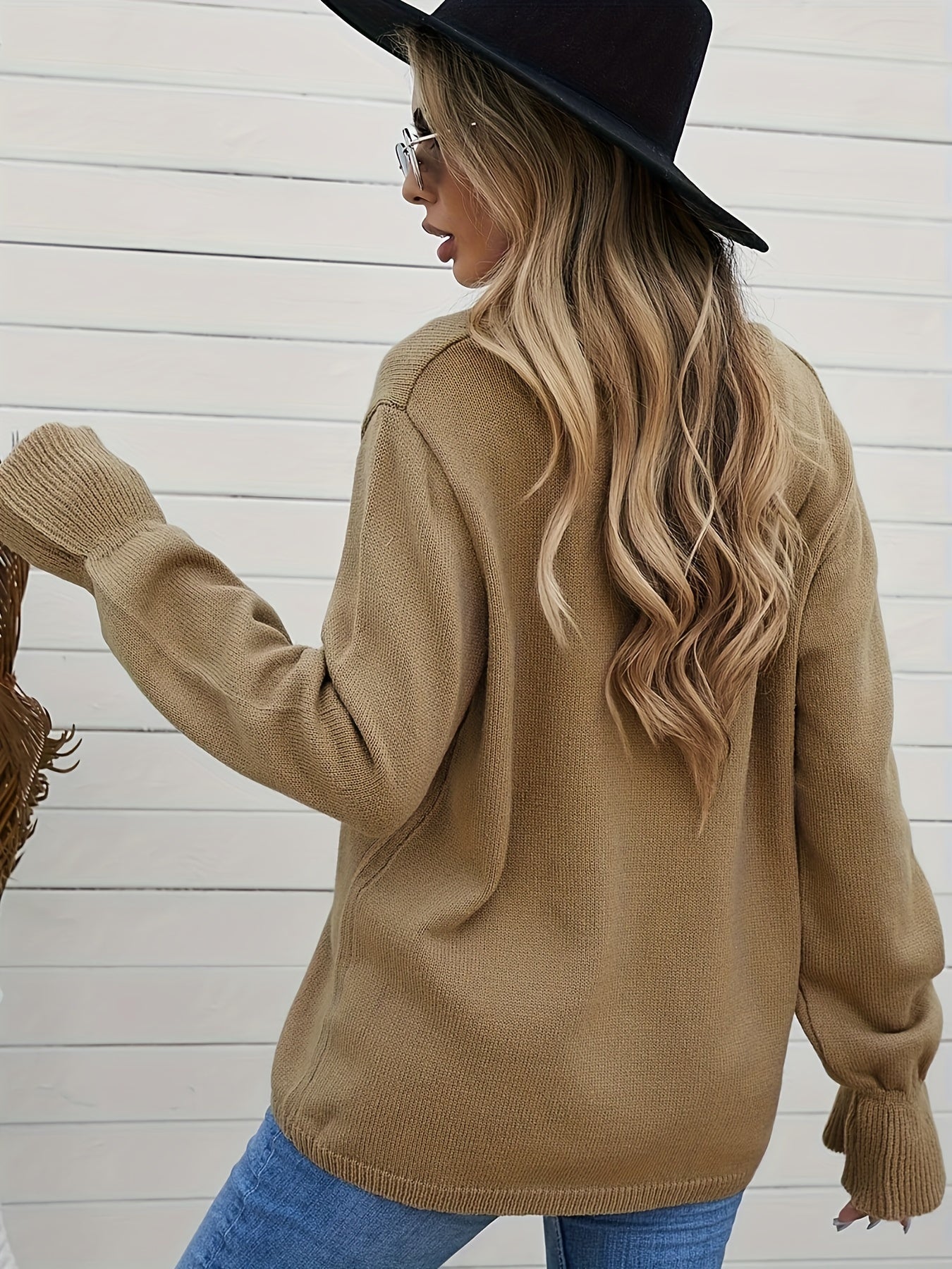 V Neck Lace Flounce Sleeve Sweater