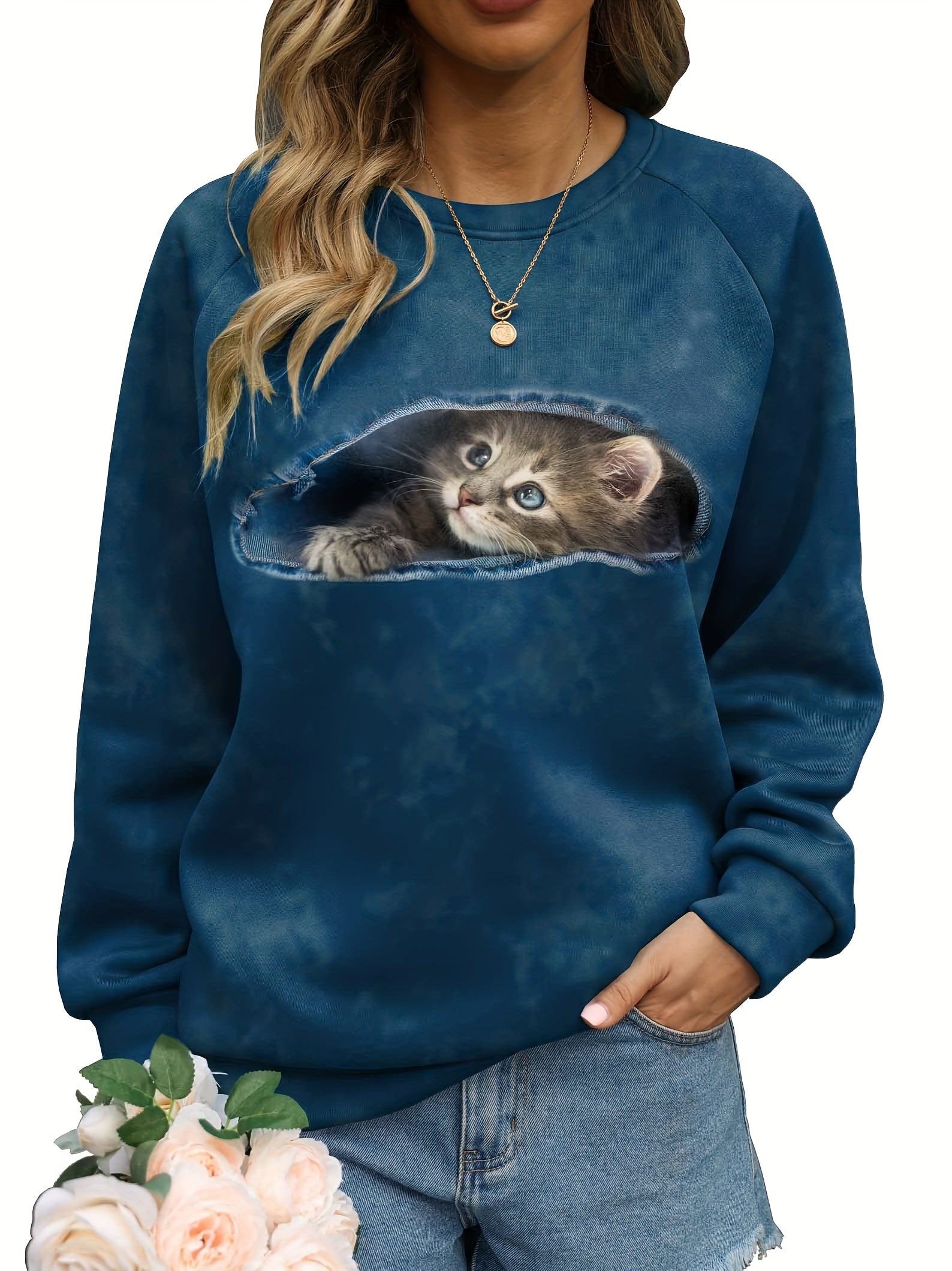 Cat Print Sweatshirt Casual Crew Neck Long Sleeve Sweatshirt