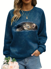 Cat Print Sweatshirt Casual Crew Neck Long Sleeve Sweatshirt