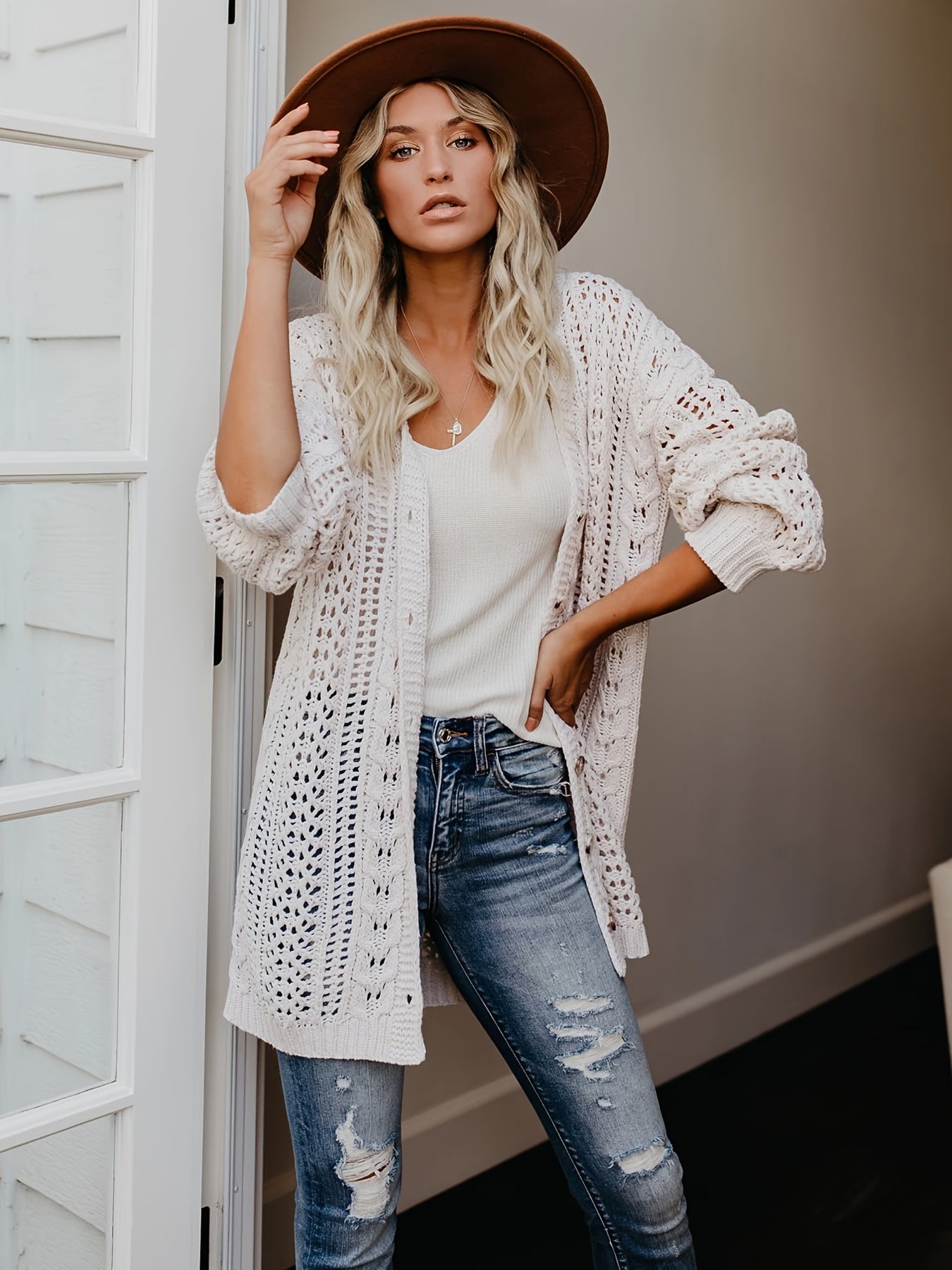 Women's Plus Size Casual Hollow Out Open Front Cardigan