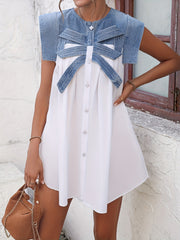 Patchwork Denim Dress Sleeveless Flower Button Women's Clothing