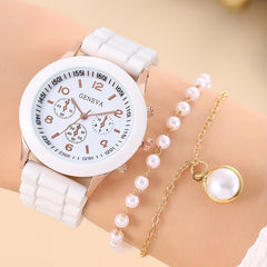 Student Silicone Quartz Watch & Bead Bracelet Set