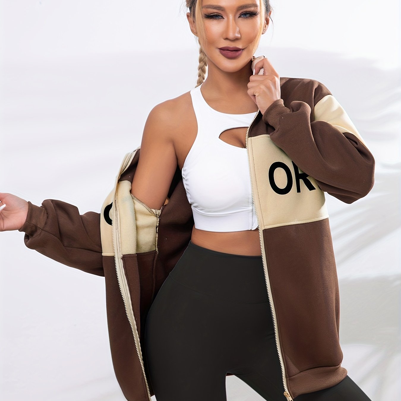 Letter Pattern Block Zip Up Jacket Casual Outerwear