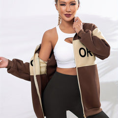 Letter Pattern Block Zip Up Jacket Casual Outerwear