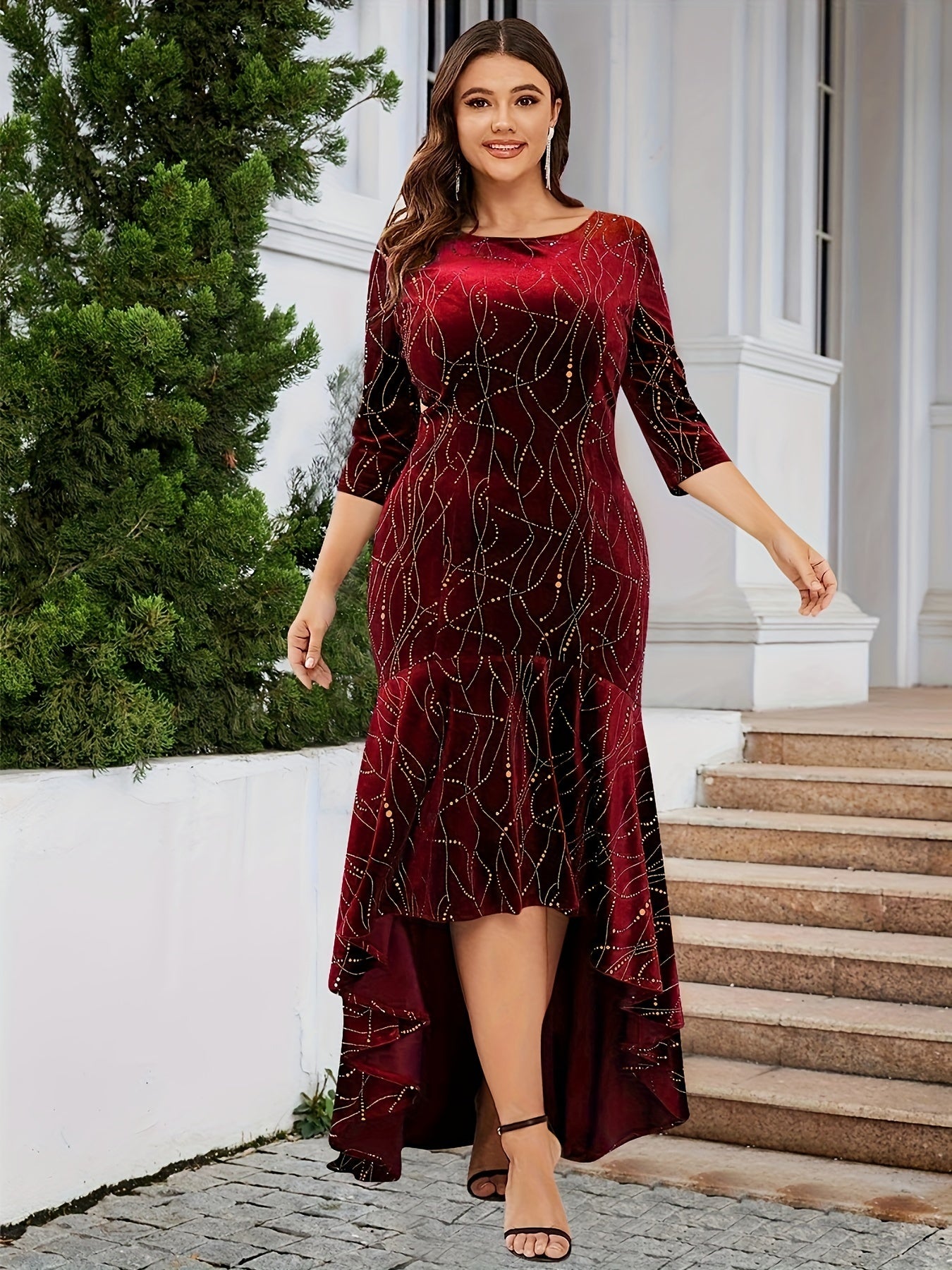 Golden Dot Print Velvet Plus Size Mermaid Dress