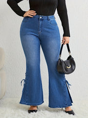 Women's Washed Button Fly Lace Up Flared Leg Jeans