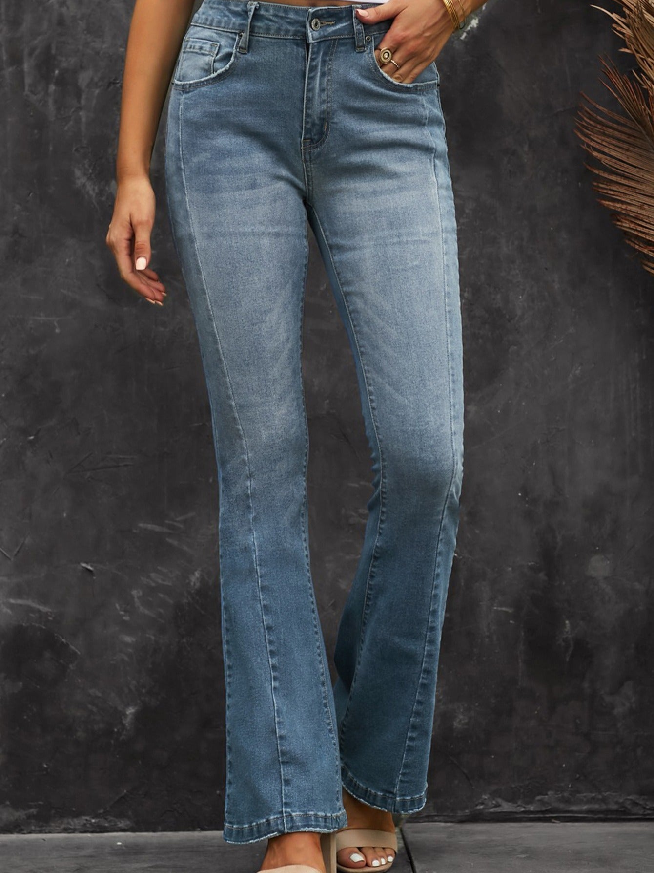 High Waist Flare Jeans Solid High Rise Denim Pants