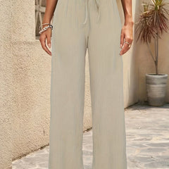 Solid Textured Wide Leg Pants Drawstring Waist Casual