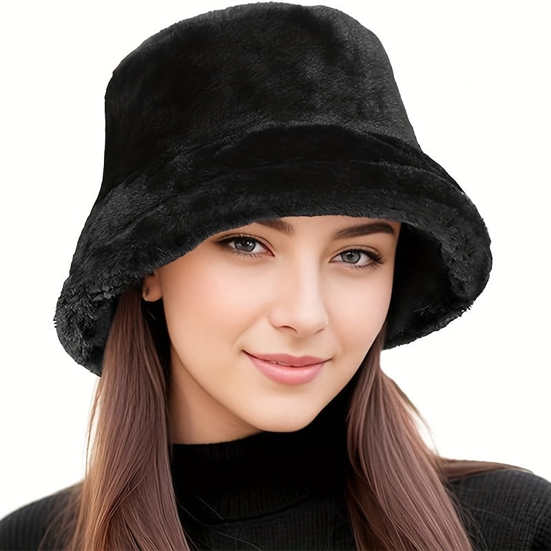 Faux Fur Winter Bucket Hat Fluffy Warm Hat Women's Furry Fisherman Cap