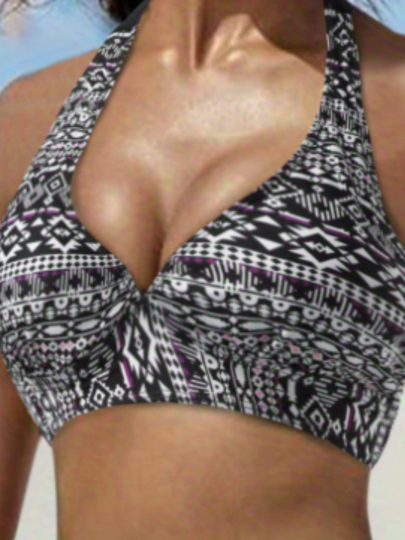 Geometric Print V Neck Halter Bikini Set Tie Back Neck 2 Piece Bathing Suit Swim