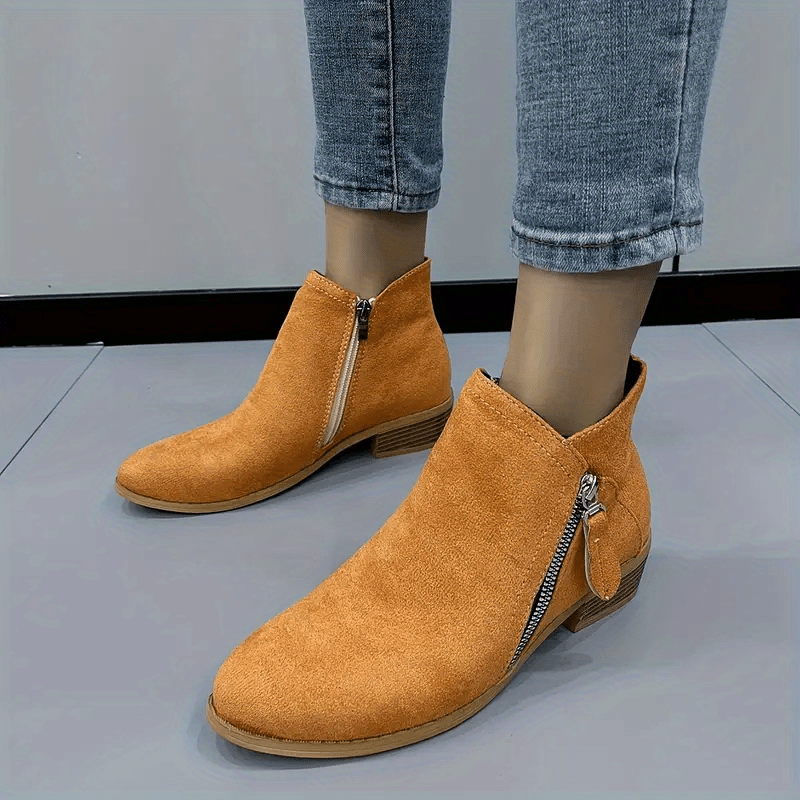 Women's Stacked Heel Ankle Boots Round Toe Side Zipper Casual Short Boots