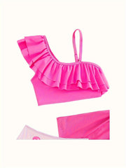 Girls Flamingo Graphic Ruffle Trim Bathing Suit Set