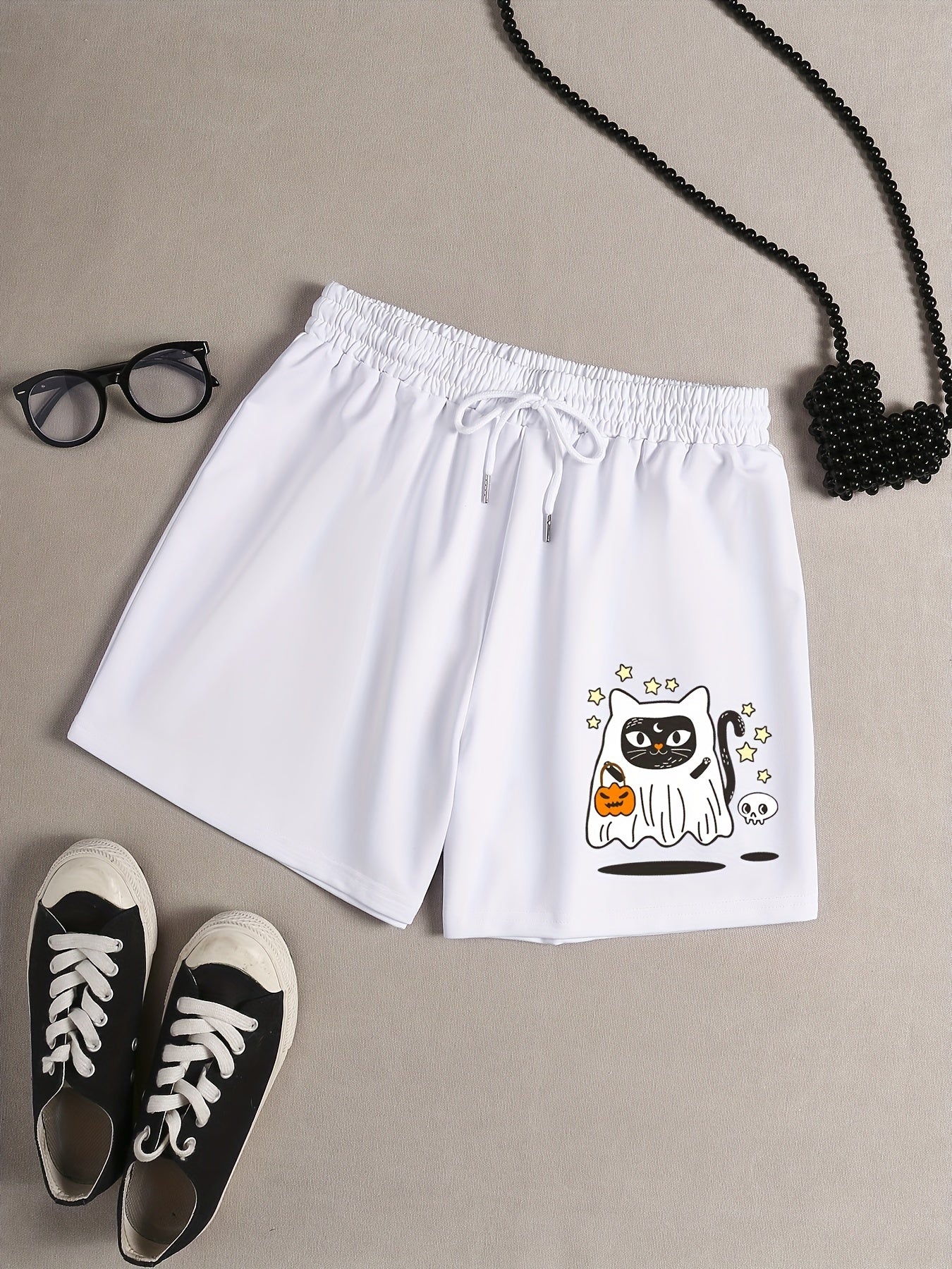 Halloween Lounge Shorts Women's Plus Cat Ghost & Pumpkin Print Tie Wai
