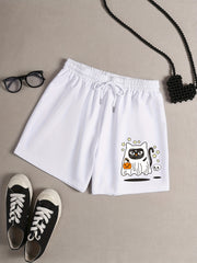 Halloween Lounge Shorts Women's Plus Cat Ghost & Pumpkin Print Tie Wai