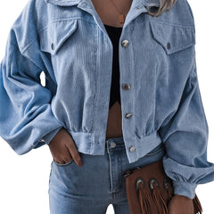 Corduroy Crop Jacket Long Sleeve for Fall & Winter Women's Clothing