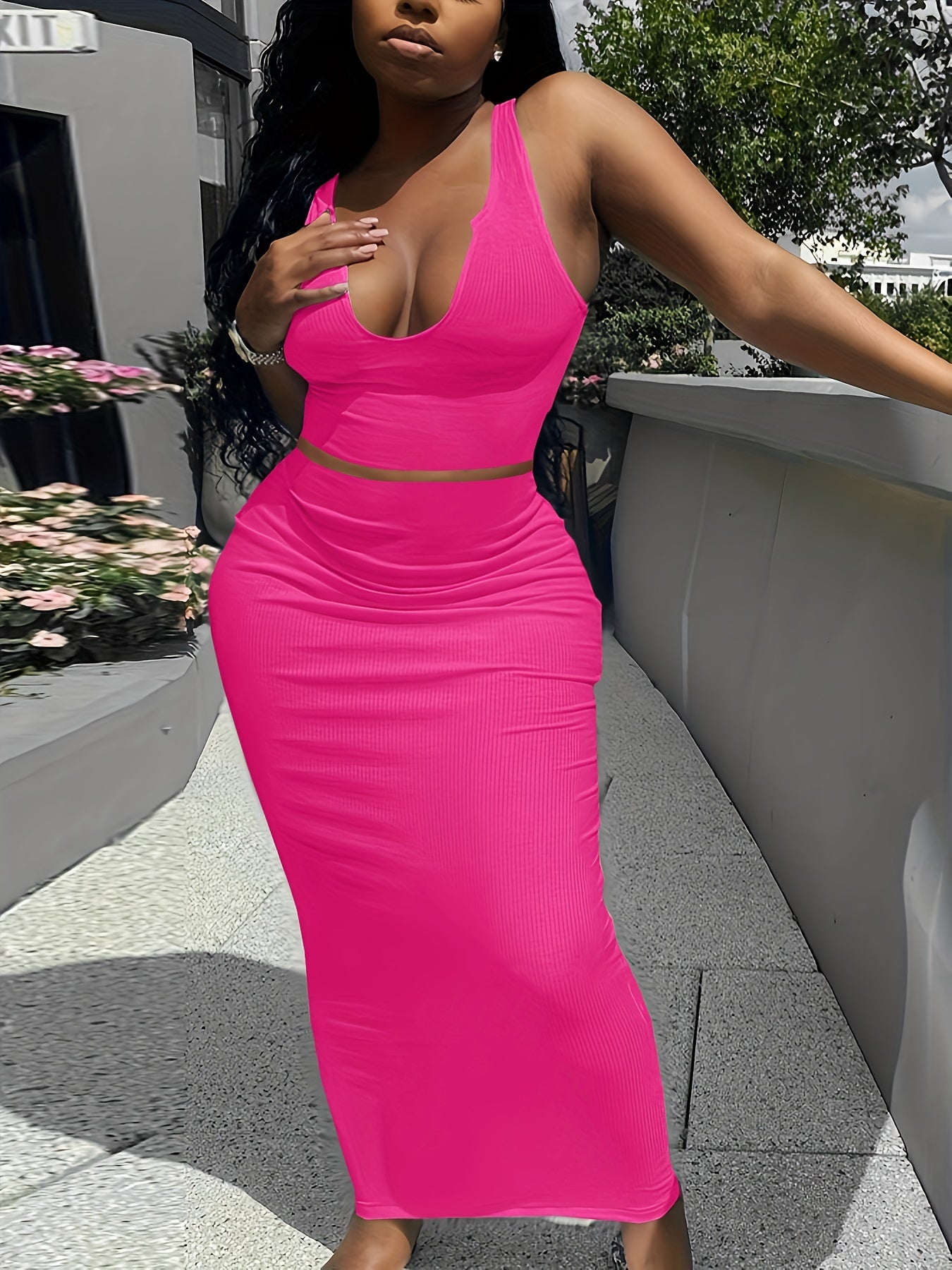 Sexy 2pc Skirt Set Crop Tank & Bodycon Skirt Outfit Women's Clothing