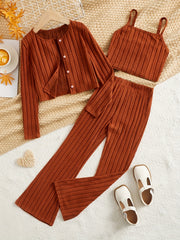 Ribbed Lounge Set Long Sleeve Top & Crew Neck Cami & Pants Women's Loungewear