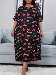 Heart & Letter Print Nightdress Short Sleeve Round