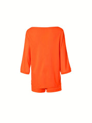 Women's 2pc Casual Set Crew Neck 3/4 Sleeve Tops & Shorts Outfit