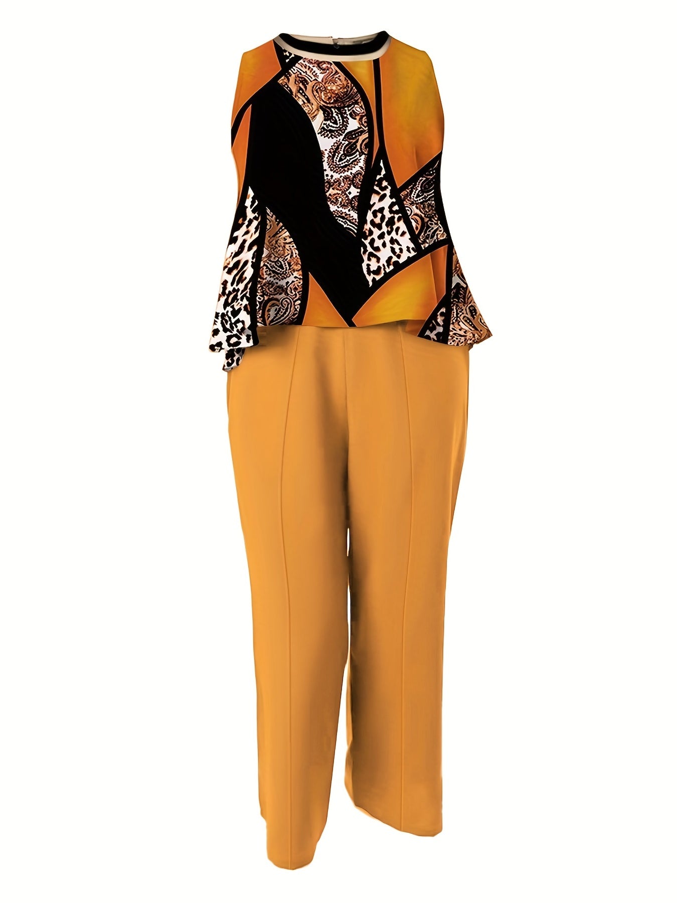 Women's Plus Colorblock Leopard & Paisley Print Tank Top & Wide Leg Pants Set