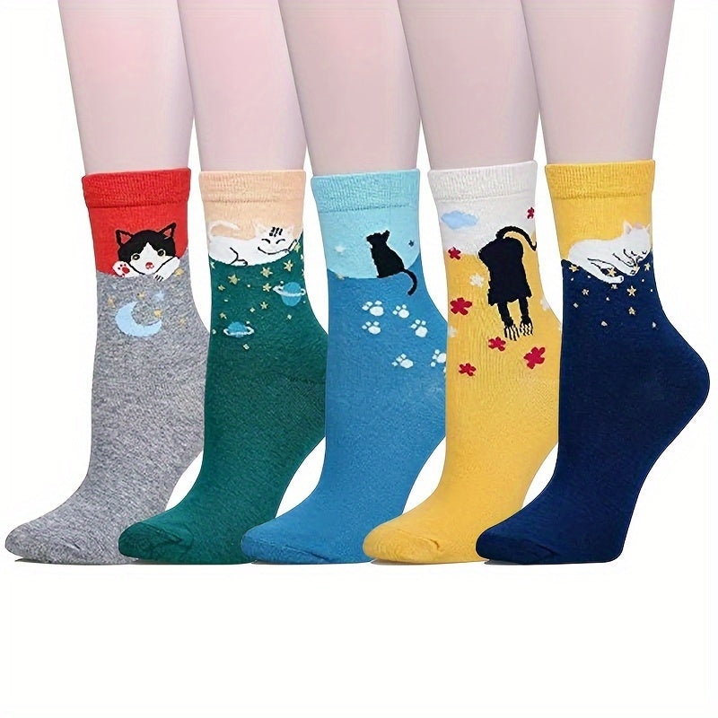 5 Pairs Cartoon Cat Crew Socks - Comfy Casual Breathable Cute Design