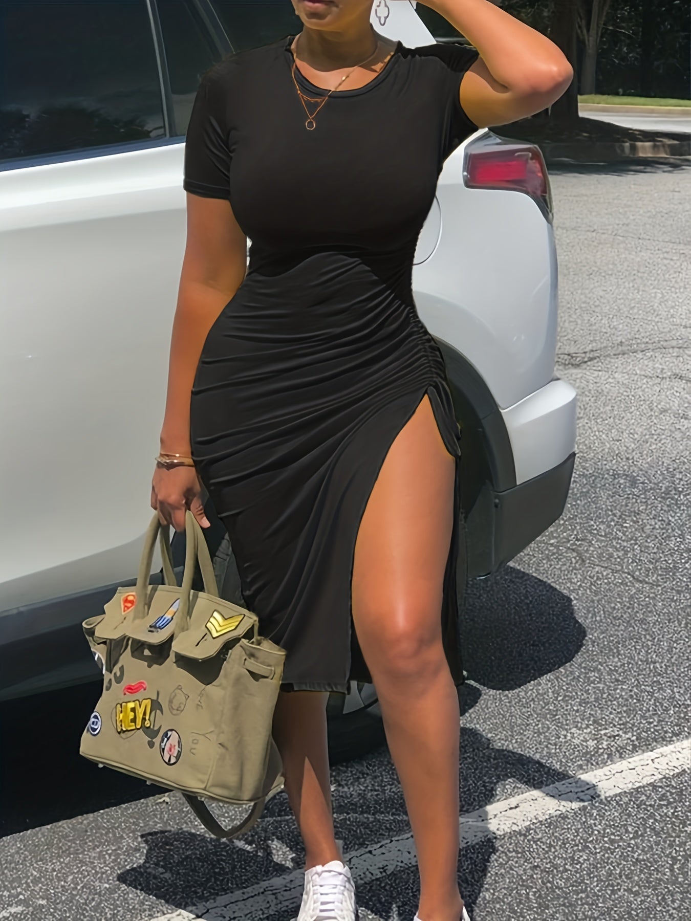 Casual Dress Solid Short Sleeve Round Neck Ruched Drawstring