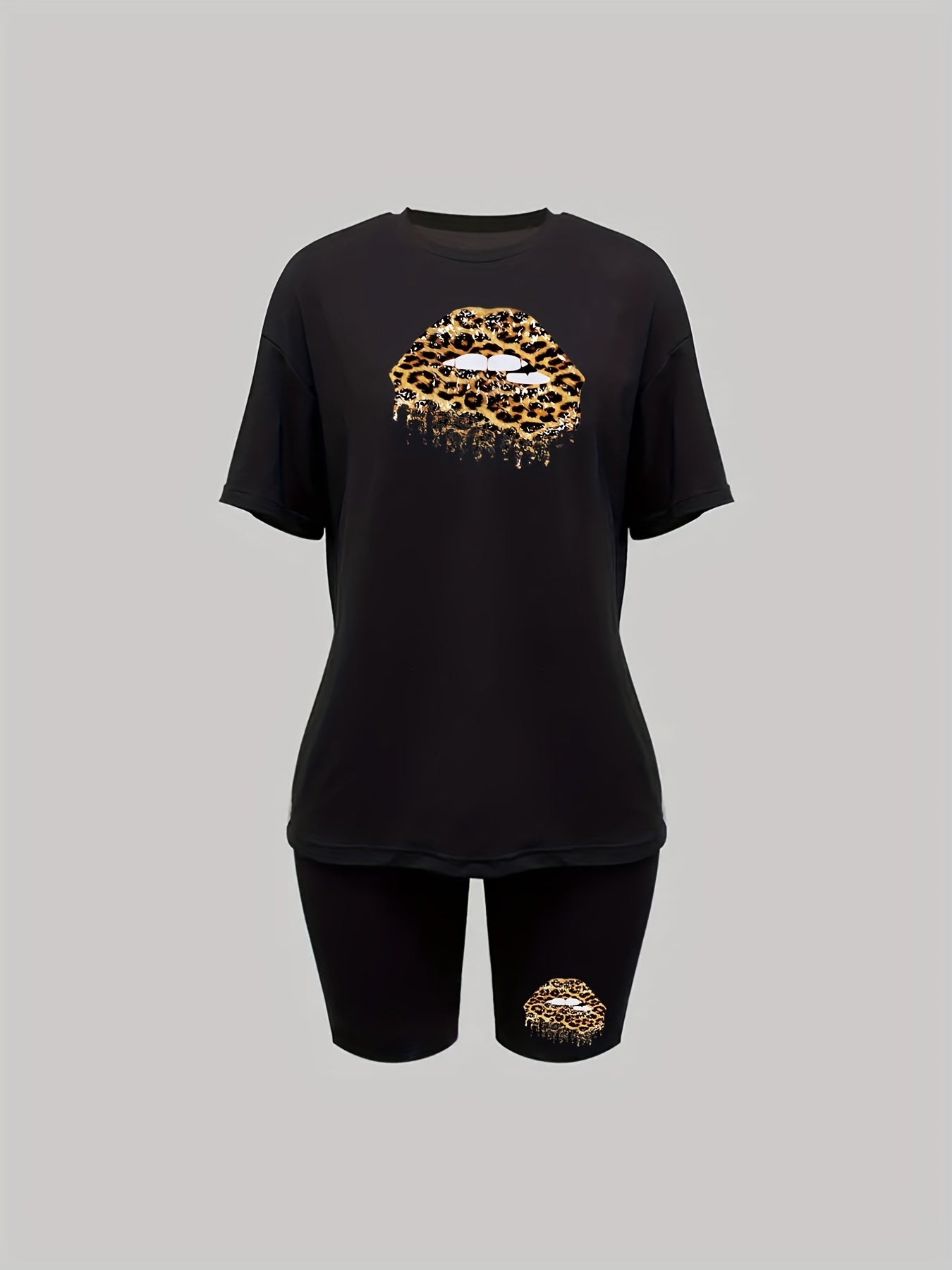 Leopard Lip Print Two piece Set Casual T shirt & Shorts Outfits Women's Clothing