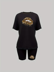 Leopard Lip Print Two piece Set Casual T shirt & Shorts Outfits Women's Clothing