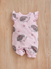 Comfy Hedgehog Print Flutter Sleeve Baby Girls Jumpsuit