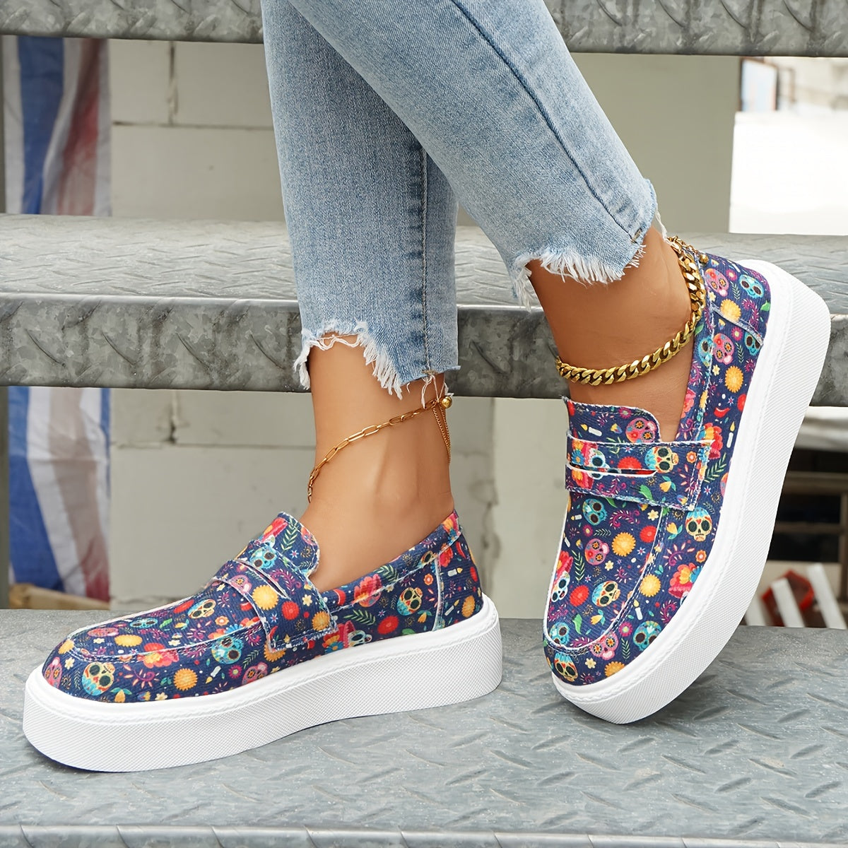 Skull & Flower Print Slip-On Sneakers for Women