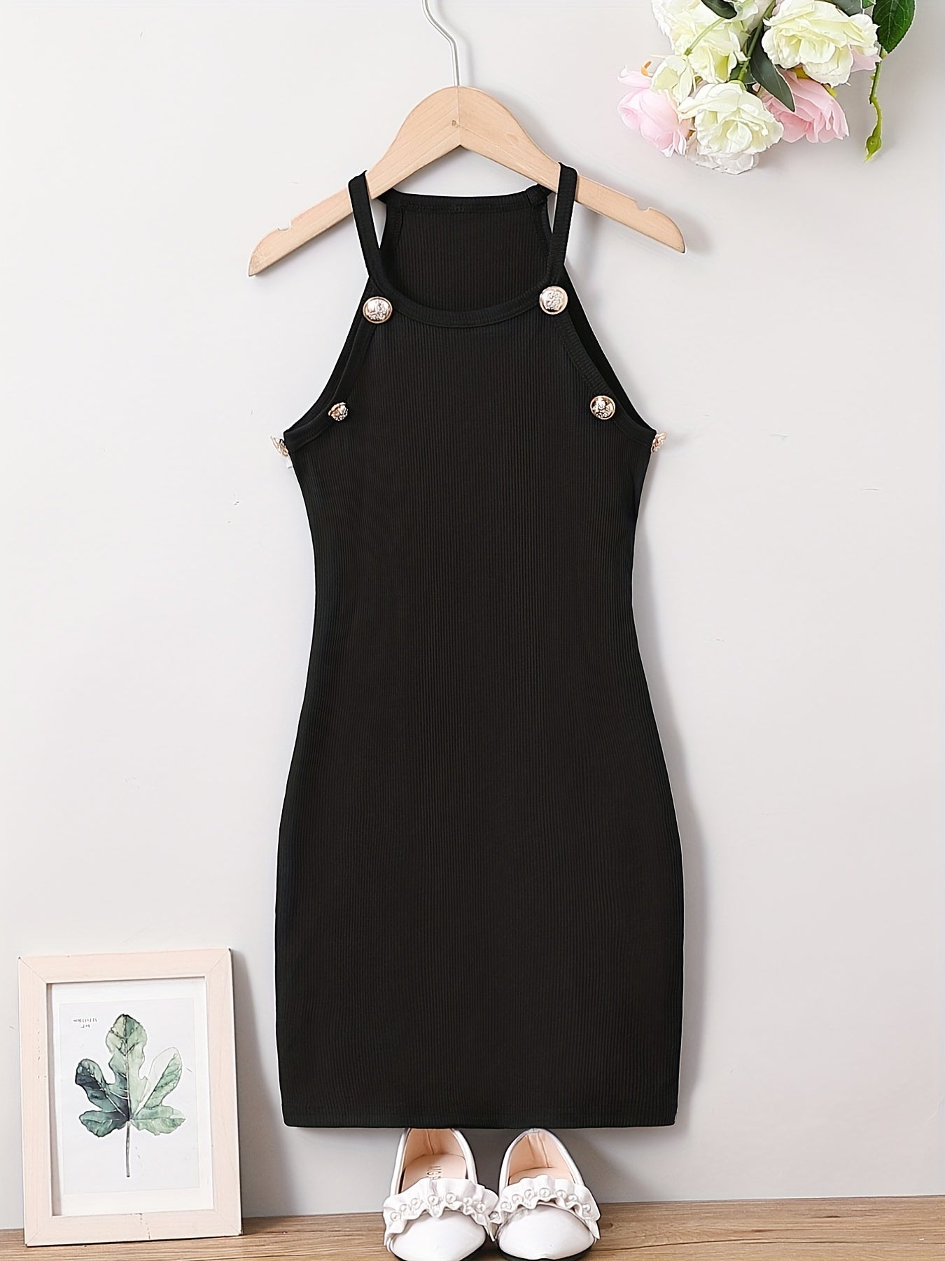 Teen Girls Halter Bodycon Dress Slim Fit Ribbed Button Detail