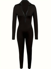Solid Skinny Zipper Jumpsuit Athleisure Long Sleeve Jumpsuit
