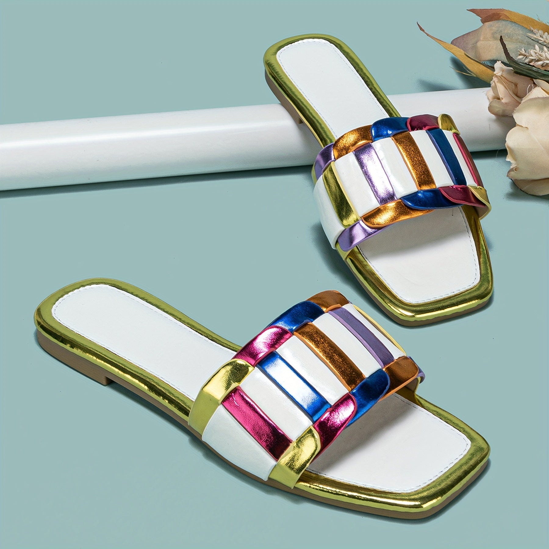 Women's Strappy Back Slide Sandals Slip On Flat Shoes Lightweight Square Toe