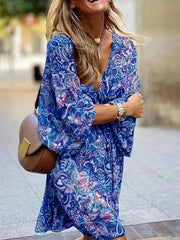 Paisley Print Surplice Neck Dress Sexy Drawstring Long Sleeve Dress