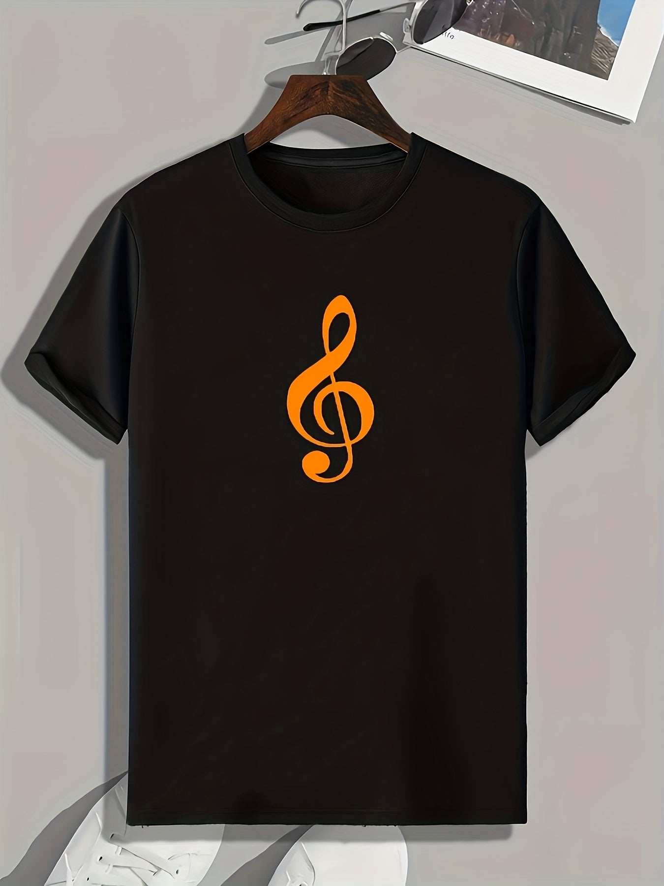 Music Note Print Men's Comfy T shirt Active Stretch Tee