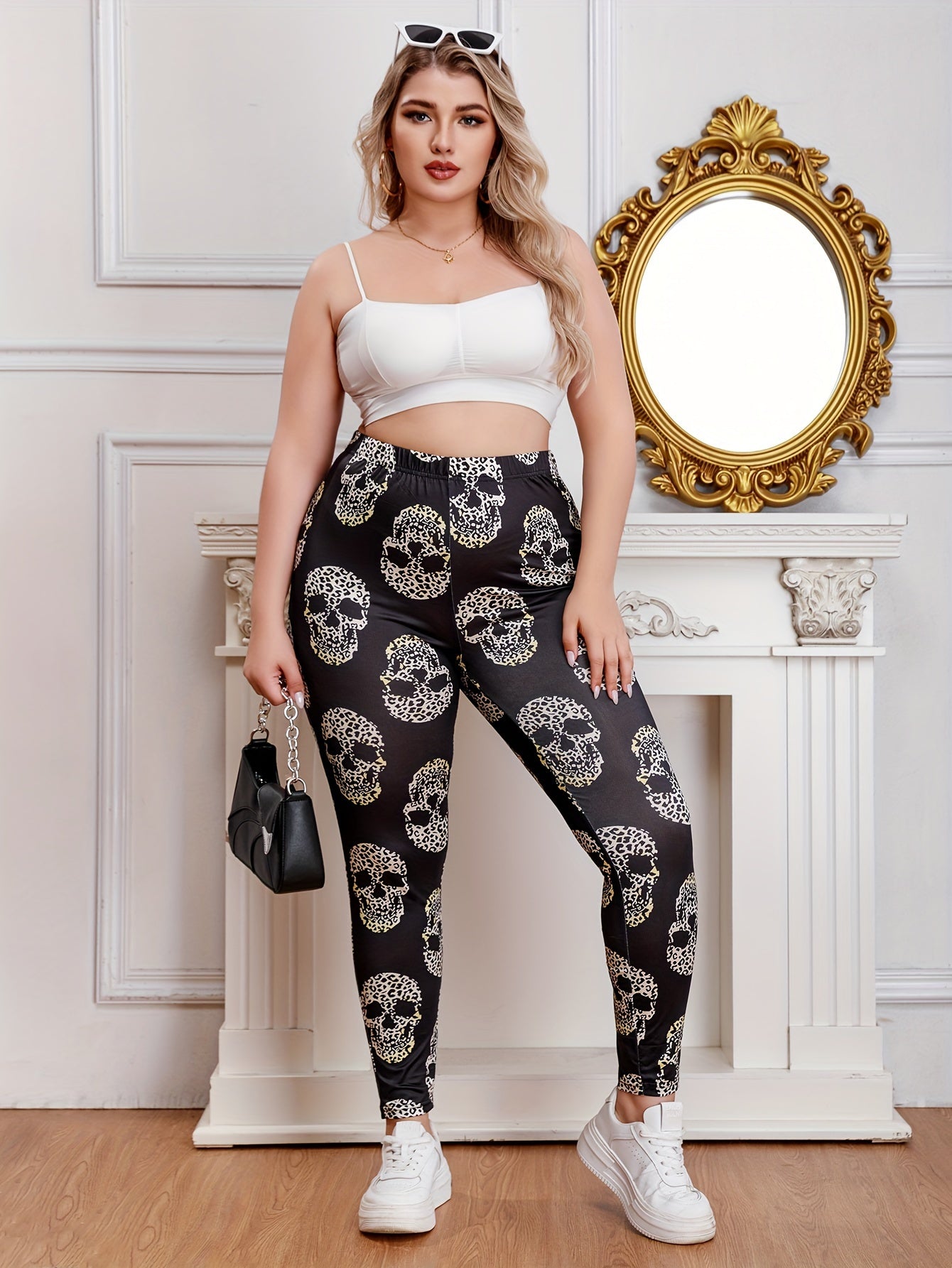 Gothic Leggings Women's Plus Leopard Skull Print Elastic High Rise Str